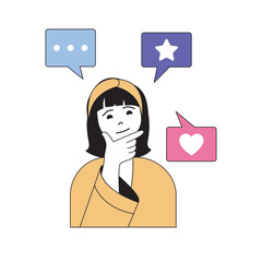 Poster - Shopping concept with cartoon people in flat design for web. Woman researching info rating and client satisfaction feedback of store. Vector illustration for social media banner, marketing material.