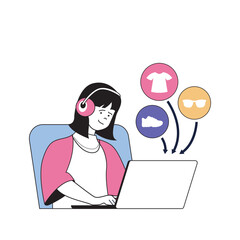 Poster - Shopping concept with cartoon people in flat design for web. Woman ordering lot of goods in online store and paying online by laptop. Vector illustration for social media banner, marketing material.