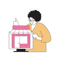 Poster - Shopping concept with cartoon people in flat design for web. Woman purchasing in store counter, buying products in shop or supermarket. Vector illustration for social media banner, marketing material.