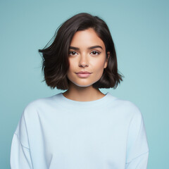 Wall Mural - Pretty charming young woman dressed blue sweater smiling isolated blue background. Generative AI.