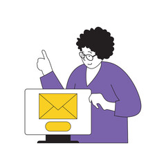 Poster - Contact us concept with cartoon people in flat design for web. Woman getting notification of new email with answering her questions. Vector illustration for social media banner, marketing material.