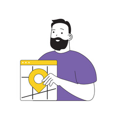 Poster - Contact us concept with cartoon people in flat design for web. Man connecting with client and getting address location at online map. Vector illustration for social media banner, marketing material.