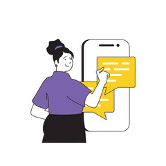 Poster - Contact us concept with cartoon people in flat design for web. Woman communicating with client in chat dialog bubbles at mobile app. Vector illustration for social media banner, marketing material.