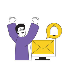 Poster - Contact us concept with cartoon people in flat design for web. Man getting notifications about new email from customer support center. Vector illustration for social media banner, marketing material.