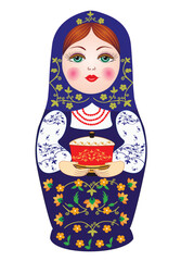 Wall Mural - Isolated beautiful Russian matryoshka. Wooden doll in a blue scarf and dress. Floral pattern. He holds a beautiful souvenir box in his hands. Present. Sample. Vector 