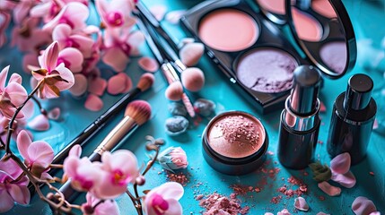 Wall Mural - Makeup brushes and cosmetics on a blue background with orchid flowers