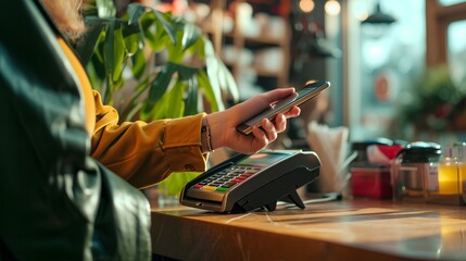 Persons hand holding a smartphone near a payment terminal, indicating a contactless payment transaction in progress, symbolizing modern, cashless, and secure purchasing methods.