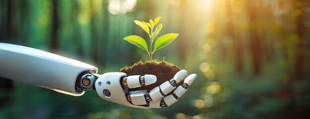 Wall Mural - A robotic hand cradles a small plant against a forest backdrop. A stark representation of technology meeting nature, a robot arm gently holds a green sprout, sustainable growth. Earth day concept.