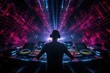 Dj mixes the track in the nightclub with colorful lights and smoke, DJ mixing tracks on a booth in a nightclub with colorful lasers show, AI Generated