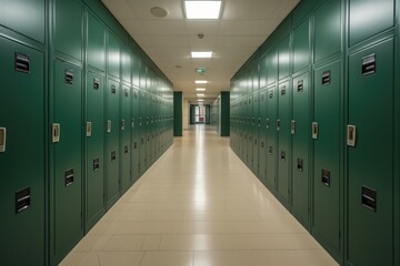 Sticker - Green lockers in a row in the corridor of a school, dressing room or corridor with lockers, AI Generated