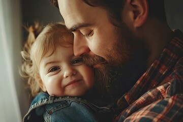 A loving father hugs his adorable baby and expresses family joy and togetherness indoors.