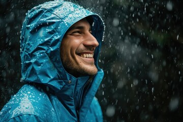 Wall Mural - Portrait of a young man enjoying the cold and rainy weather outdoors, showing a sense of adventure and happiness in the outdoors.