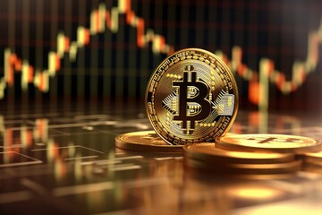 Poster - golden bitcoin on the background of the stock exchange. 3d illustration, Digital currency physical gold bitcoin coin showcased against a stock market chart background in a 3D rendering, AI Generated