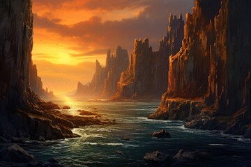 Canvas Print - Fantasy landscape with sunset over the sea. 3d illustration, Dramatic, rugged cliffs against an ocean sunset, AI Generated