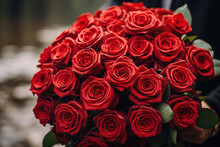 Huge Beautiful Bouquet Of Red Roses In The Male Hands