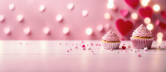 cute cupcakes with sprinkles and hearts on table, on pastel pink panoramic background, lights bokeh.