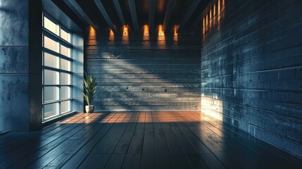 Poster - Empty room with wooden floor and large windows