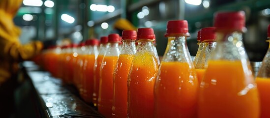 Wall Mural - Indian engineers inspect factory glass bottles, wearing protective clothing, to ensure the best quality of high-production fruit juice drinks before sale.