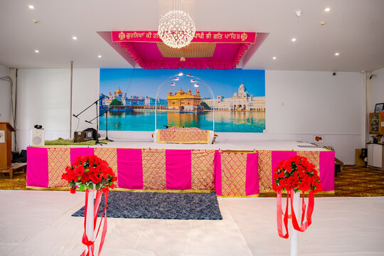 Indian Punjabi Sikh temple gurudwara interiors, decorations and ritual items
