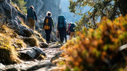 Wall Mural - mountain guide leading a group of hikers generative ai