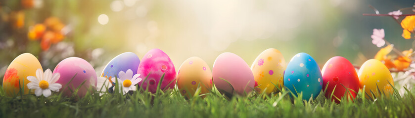 colorful Easter eggs in green grass and flowers over nature blurred bokeh background daylight, holiday Easter banner