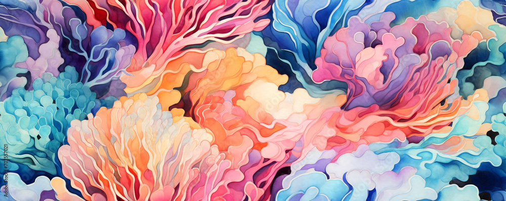 Seamless watercolor pattern with multicolored coral reef and sea weeds ...