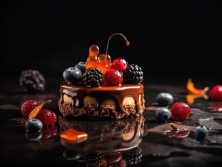 Chocolate Cake with Berries on a black background. Chocolate Dessert