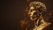 © Jafree - Gold antique statue of male head on dark brown textured background. Ideal for contemporary art projects. Banner with copy space