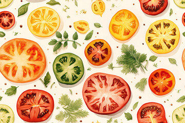 Seamless pattern with sliced juicy tomato illustration. Vibrant design for ceramic, fabric, textile, home decor, stationery, wrapping paper, scrapbooking. Restaurant concept
