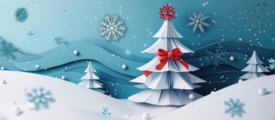 Christmas card with origami Christmas tree and snowflake in paper and digital craft style.