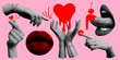 Modern collage. Retro halftone mouth with tongue and hands. Valentines day design elements. Kissing lips. Hands reaching out to each other. Pop art dotted style. Heart hands. Vintage newspaper parts