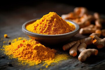 Alternative medicine, antioxidant food and herbal remedy concept theme with macro close up on supplement pill of curcumin or turmeric with a heap of the spice in dry powder form in the background