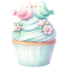 Wall Mural - Romantic Valentine Cupcake Decorated with Flowers and Lovebirds, Watercolor, Isolated on Transparent Background. Generative AI