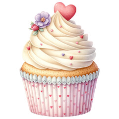 Wall Mural - Romantic Valentine Cupcake Decorated with Hearts and Flowers, Watercolor, Isolated on Transparent Background. Generative AI