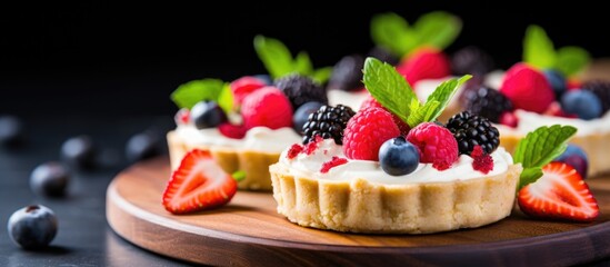 Canvas Print - Vegan tarts or cookies, made at home with coconut cream and fresh berries, on a wooden cutting board, focused.