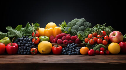 Wall Mural - Big set of fresh ripe vegetables and fruits on the table. Concept of healthy life or diet