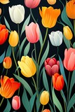 Fototapeta Tulipany - Retro Tulip Floral Pattern for Clothing Design, Garden Imagery, Nature Blog or Plants Website Background Wallpaper Art, Vintage Flower Painting, Greeting Card Concept Artwork