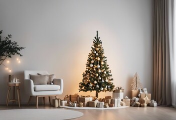 Sticker - Christmas tree with gifts in modern scandinavian interior Mockup white wall in cozy home