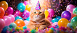 Gato laranja deitado, comemorando seu aniversário, usando um chapéu de parabéns, com vários balões ao seu redor.