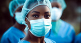 Fototapeta Lawenda - A focused image featuring an African American female doctor or scientist wearing a protective mask, with hospital medical staff in the background. --ar 5:3