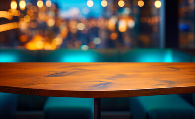blurred background with bokeh lights complements the empty wooden tabletop.