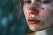 Close up acne on woman's face with rash skin and red skin syndrome allergic to cosmetics