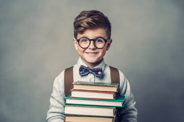 Funny smiling child school boy with glasses hold books on transparent background.