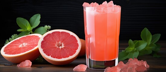 Poster - Chilled pink grapefruit juice with ice on table, square image.