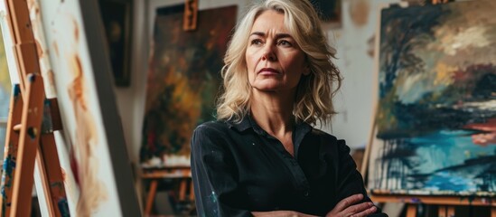 Wall Mural - A skeptical and nervous middle-aged blonde woman stands by a painter's easel with a disapproving expression, crossed arms, and a negative demeanor.