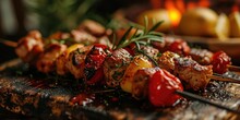 Espetada Extravaganza, Visual Feast Of Grilled Skewers, Culinary Charisma Unleashed In Every Succulent Bite - Vibrant Portuguese Grill Setting - Dynamic Colors & Close-up Skewer Composition