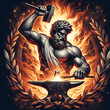 Olympian Greek and Roman Power God of Flame, Fire, and Smithing Vulcan with a Blacksmith Hammer and an Anvil in Forge. Athena Hephaestus at Mt. Olympus with Goddesses in Ancient Mythology.