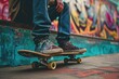 Retro 90s skateboard scene with vintage clothing and graffiti background