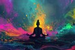 Tranquil meditation scene with a person in a lotus pose surrounded by psychedelic gradients and vibrant colors