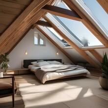 A cozy attic bedroom with exposed wooden beams and skylights3